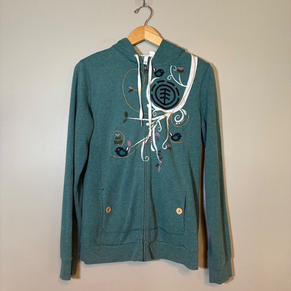 Element Womens XL Teal Green Graphic Zip Up Hoodie Embroidered Bird Floral Logo